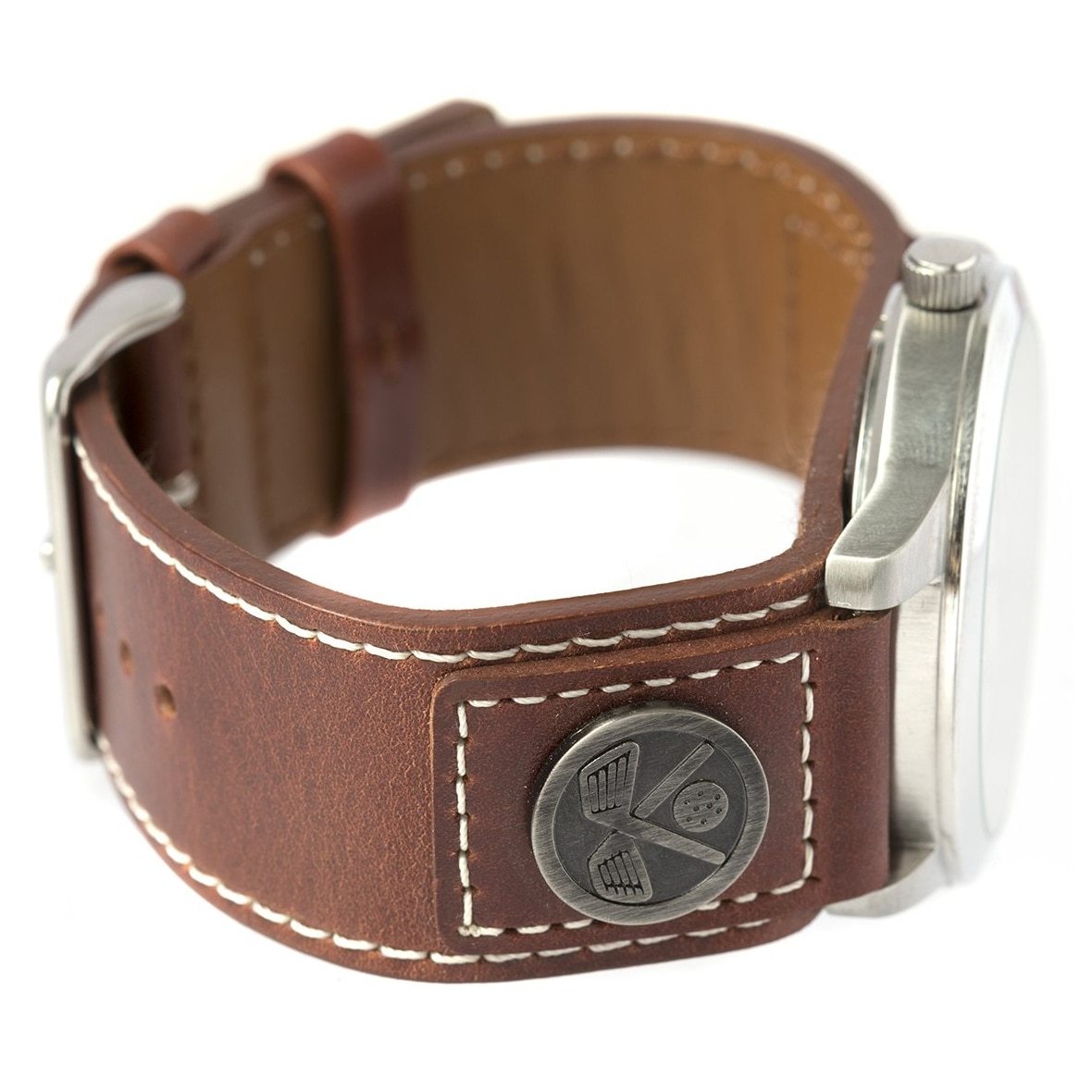 Field & Stream Men's Golf Ball Marker watch featuring a stainless steel case, brown leather strap, and a golf ball marker.