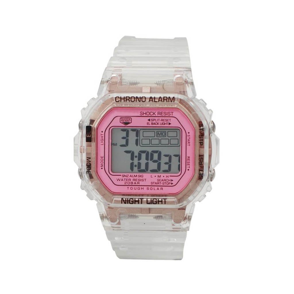 M Milano Expressions Smokey Transparent LCD Watch with a hot pink face and transparent/rose case, featuring a silicon band.