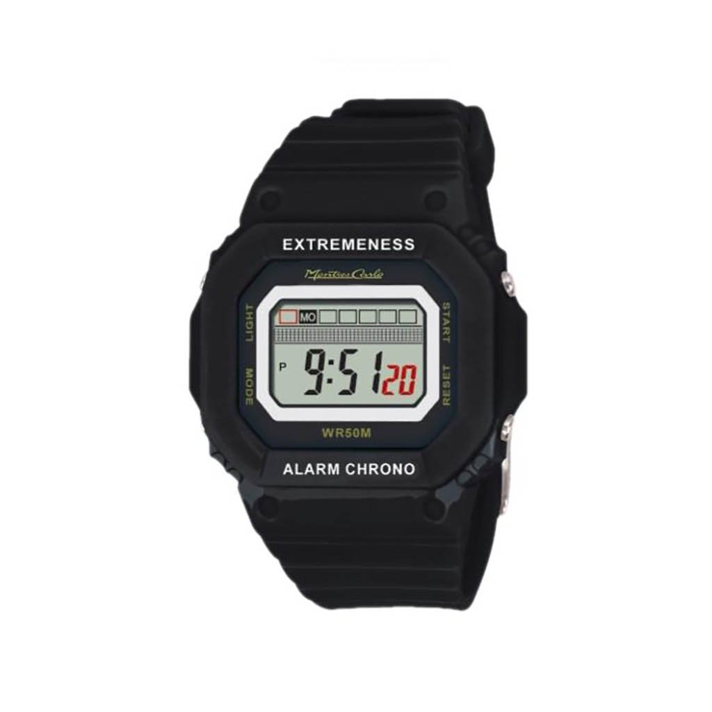 Montres Carlo Black Digital 50 Meter LCD Watch with alloy case and silicon band, showcasing a sleek design.