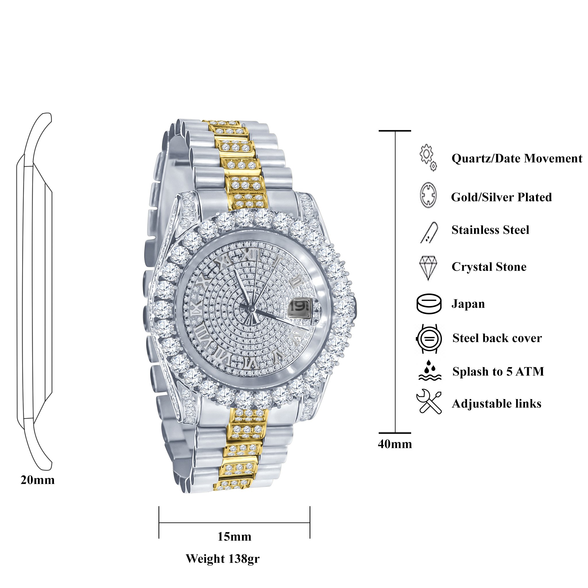 Forte Steel CZ Watch featuring artisan-crafted ice accents, stainless steel body, and cubic zirconia stones, showcasing luxury and precision.