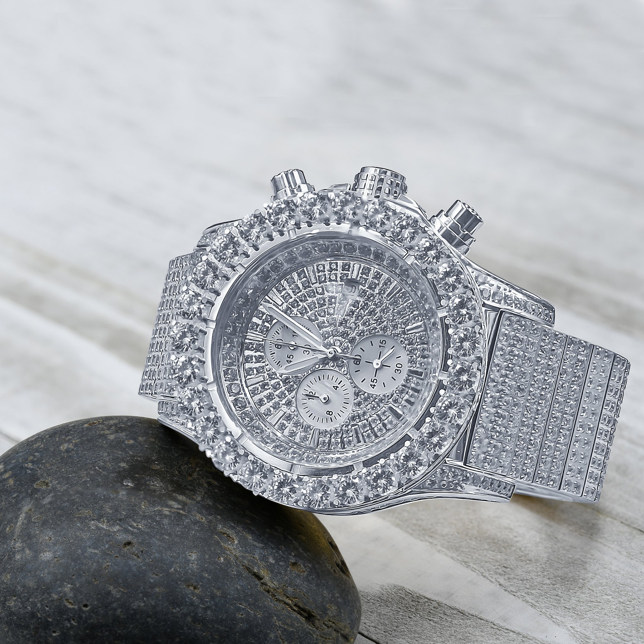 Forte Steel CZ Watch featuring artisan-crafted ice accents, stainless steel body, and cubic zirconia stones, showcasing luxury and precision.