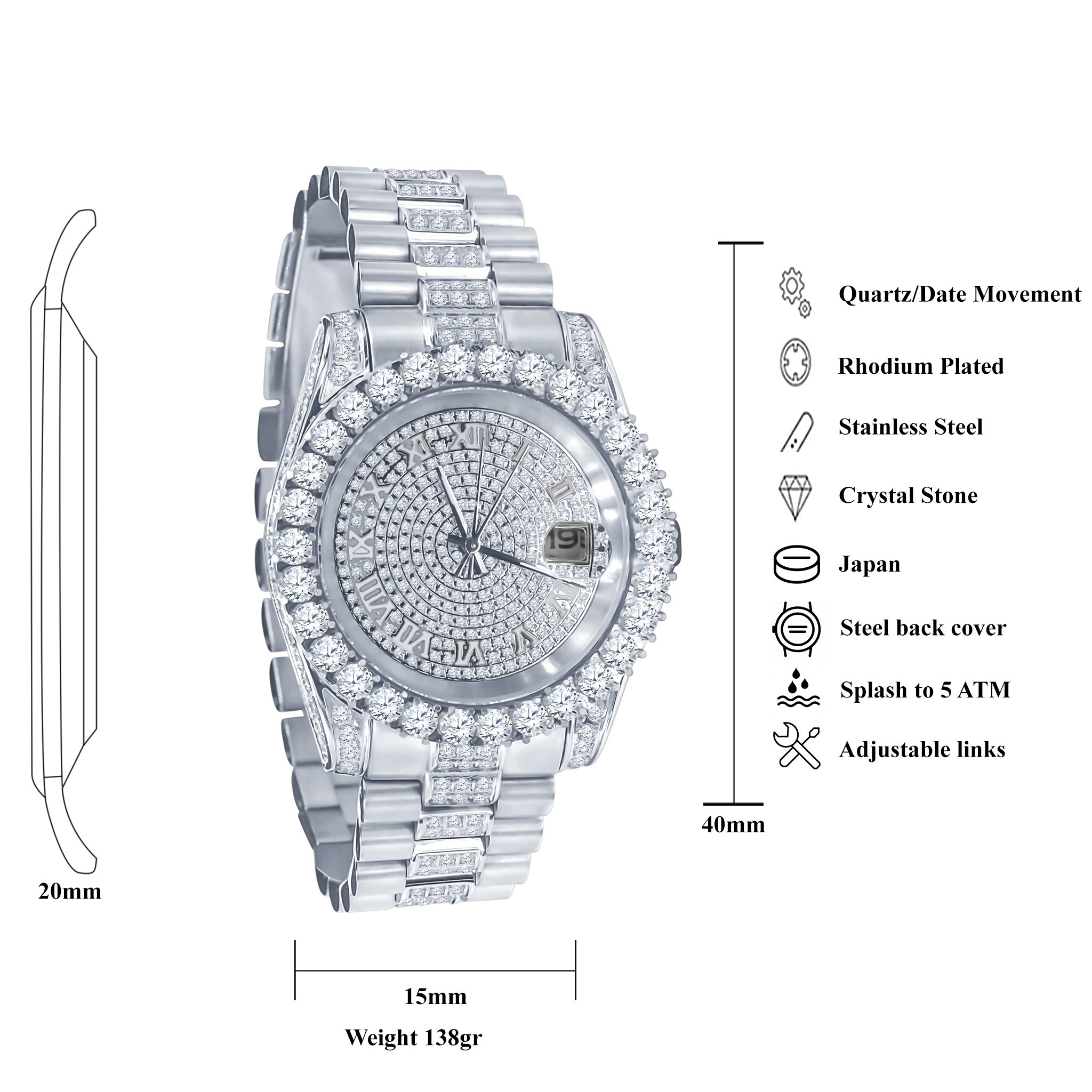 Forte Steel CZ Watch featuring artisan-crafted ice accents, stainless steel body, and cubic zirconia stones, showcasing luxury and precision.