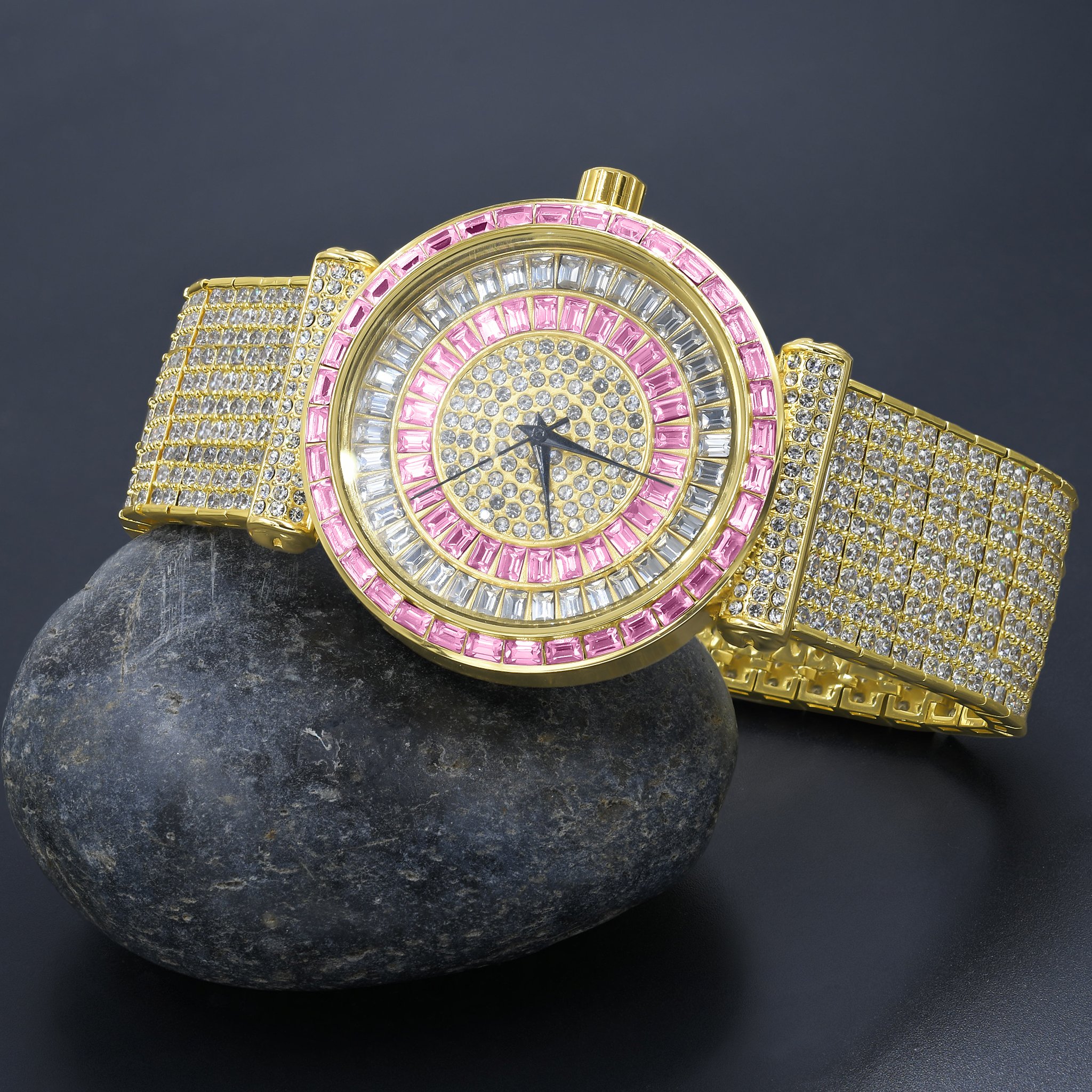 FOXY CZ Iced Out Watch featuring rhodium coating and cubic zirconia stones, showcasing elegance and luxury.