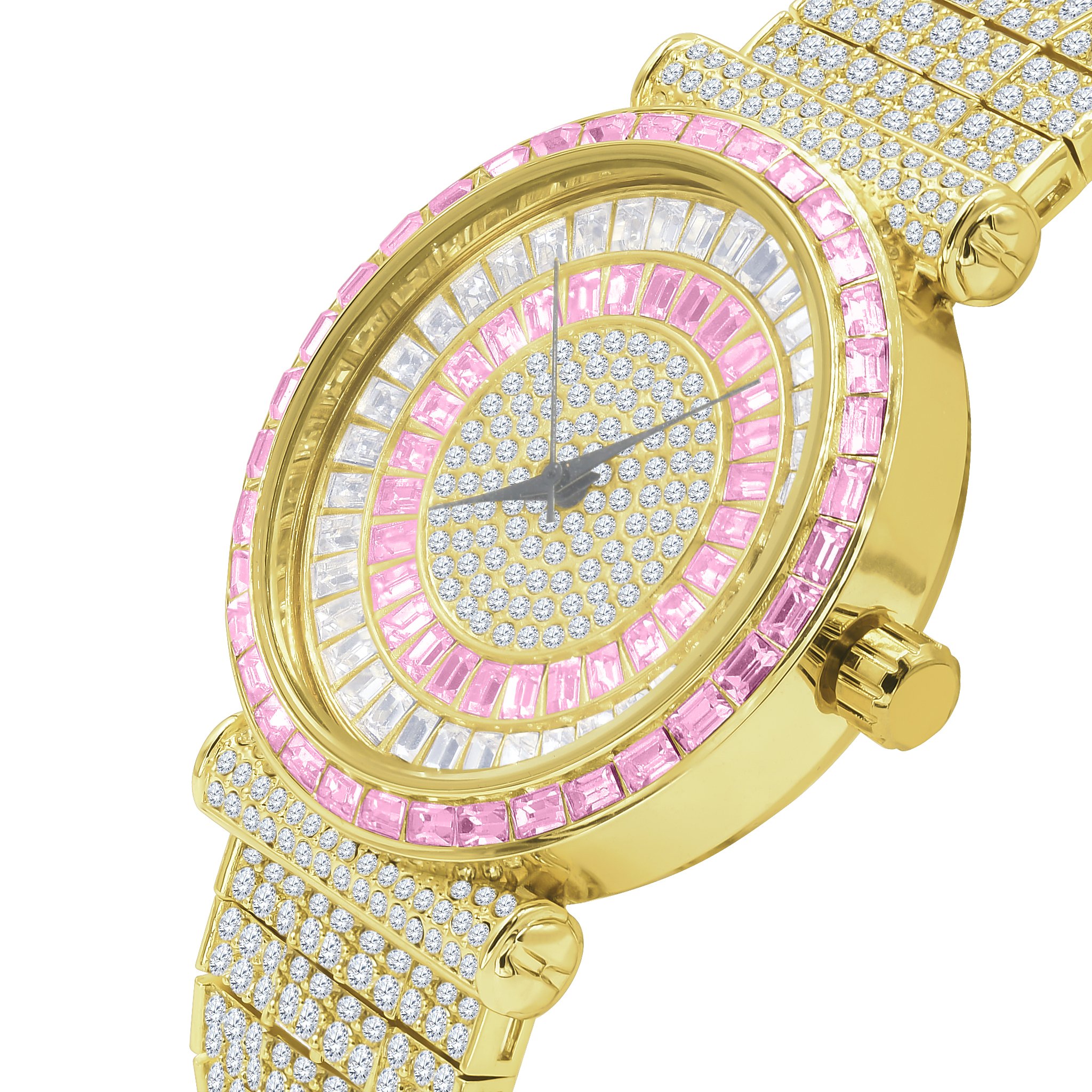 FOXY CZ Iced Out Watch featuring rhodium coating and cubic zirconia stones, showcasing elegance and luxury.