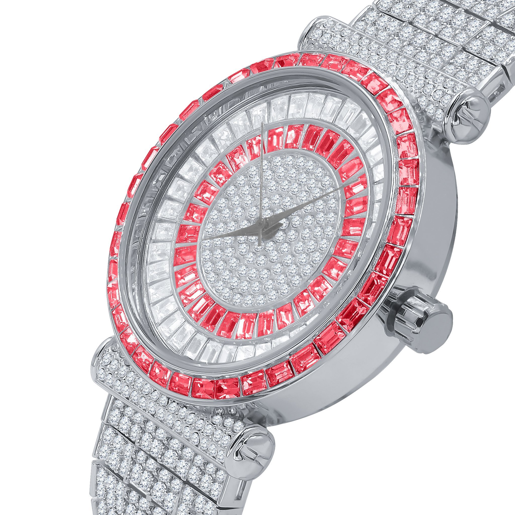 FOXY CZ Iced Out Watch featuring rhodium coating and cubic zirconia stones, showcasing elegance and luxury.