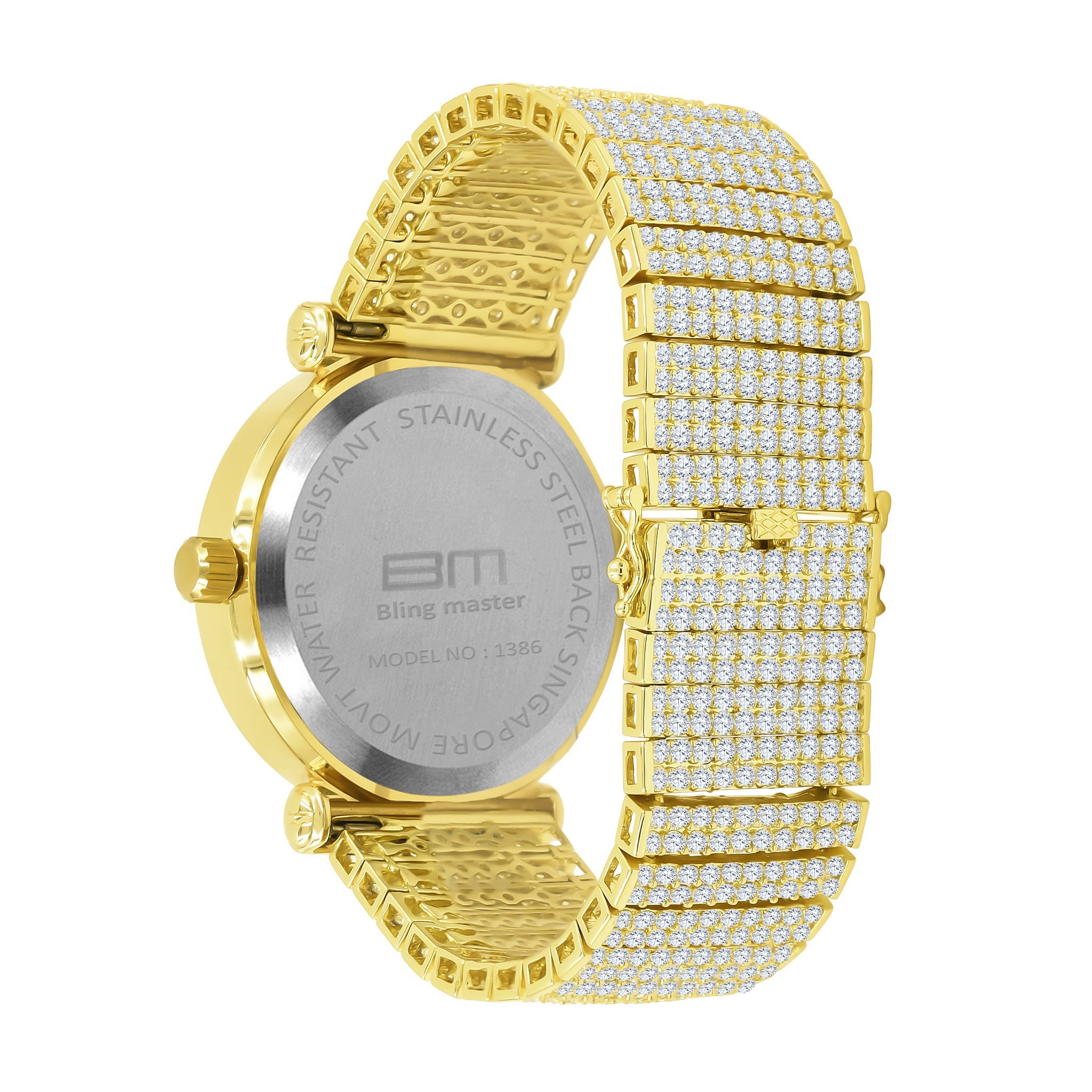 FOXY CZ Iced Out Watch featuring rhodium coating and cubic zirconia stones, showcasing elegance and luxury.