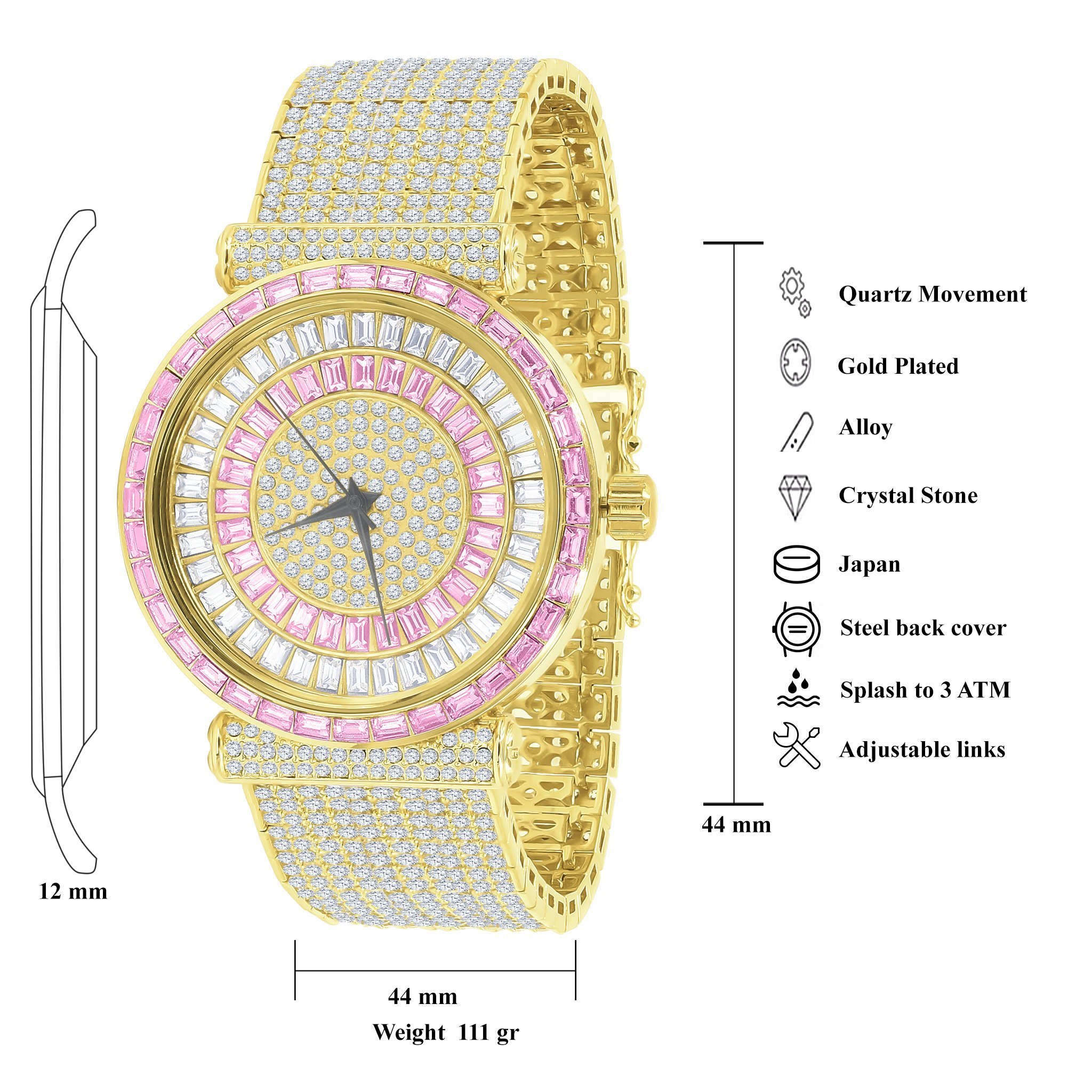 FOXY CZ Iced Out Watch featuring rhodium coating and cubic zirconia stones, showcasing elegance and luxury.