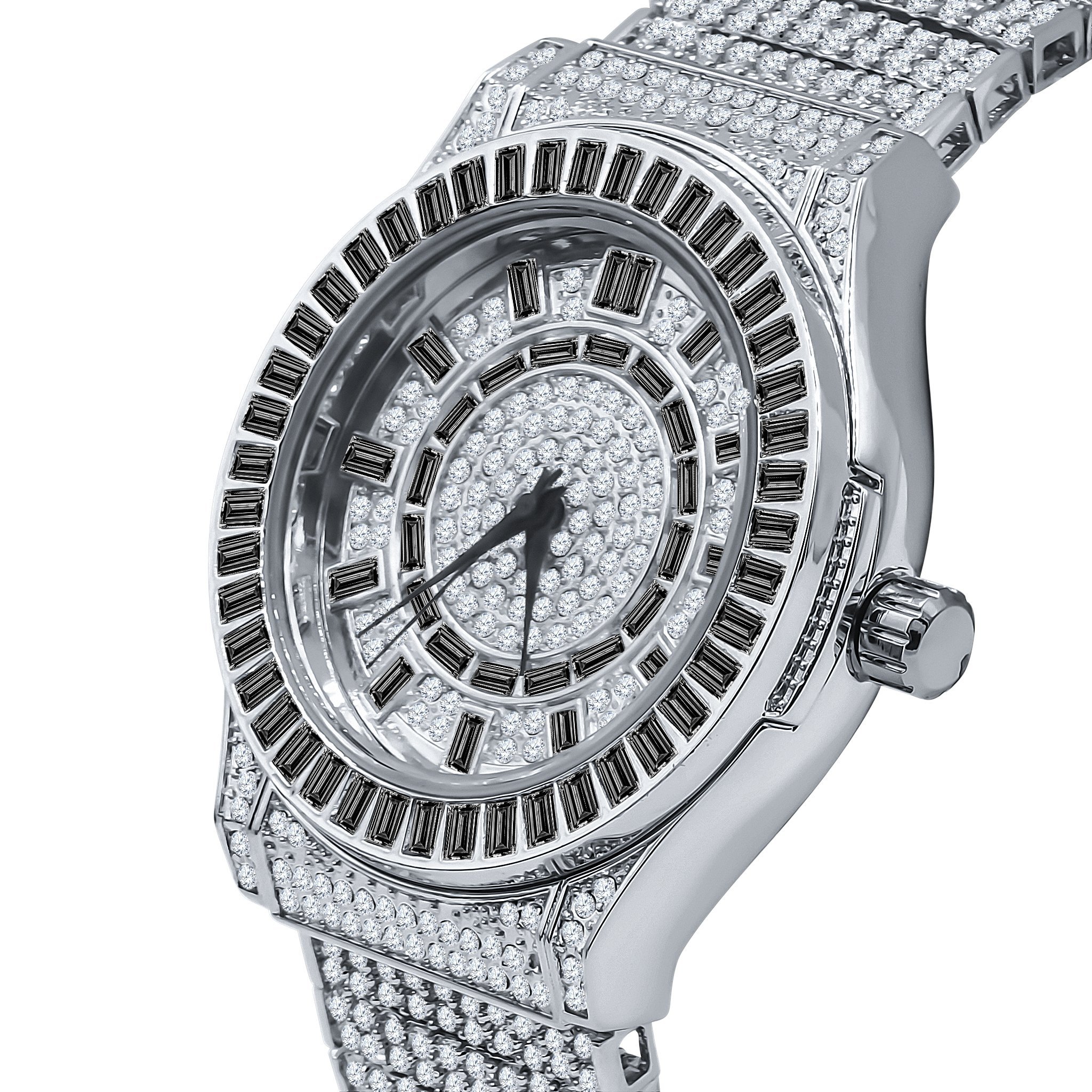 GALLANT CZ Watch featuring rhodium plating and sparkling cubic zirconia stones, showcasing a luxurious design with a solid steel link bracelet.