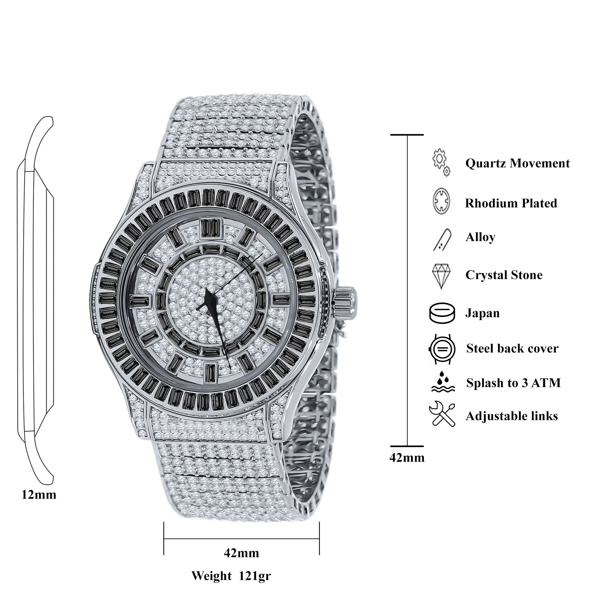 GALLANT CZ Watch featuring rhodium plating and sparkling cubic zirconia stones, showcasing a luxurious design with a solid steel link bracelet.