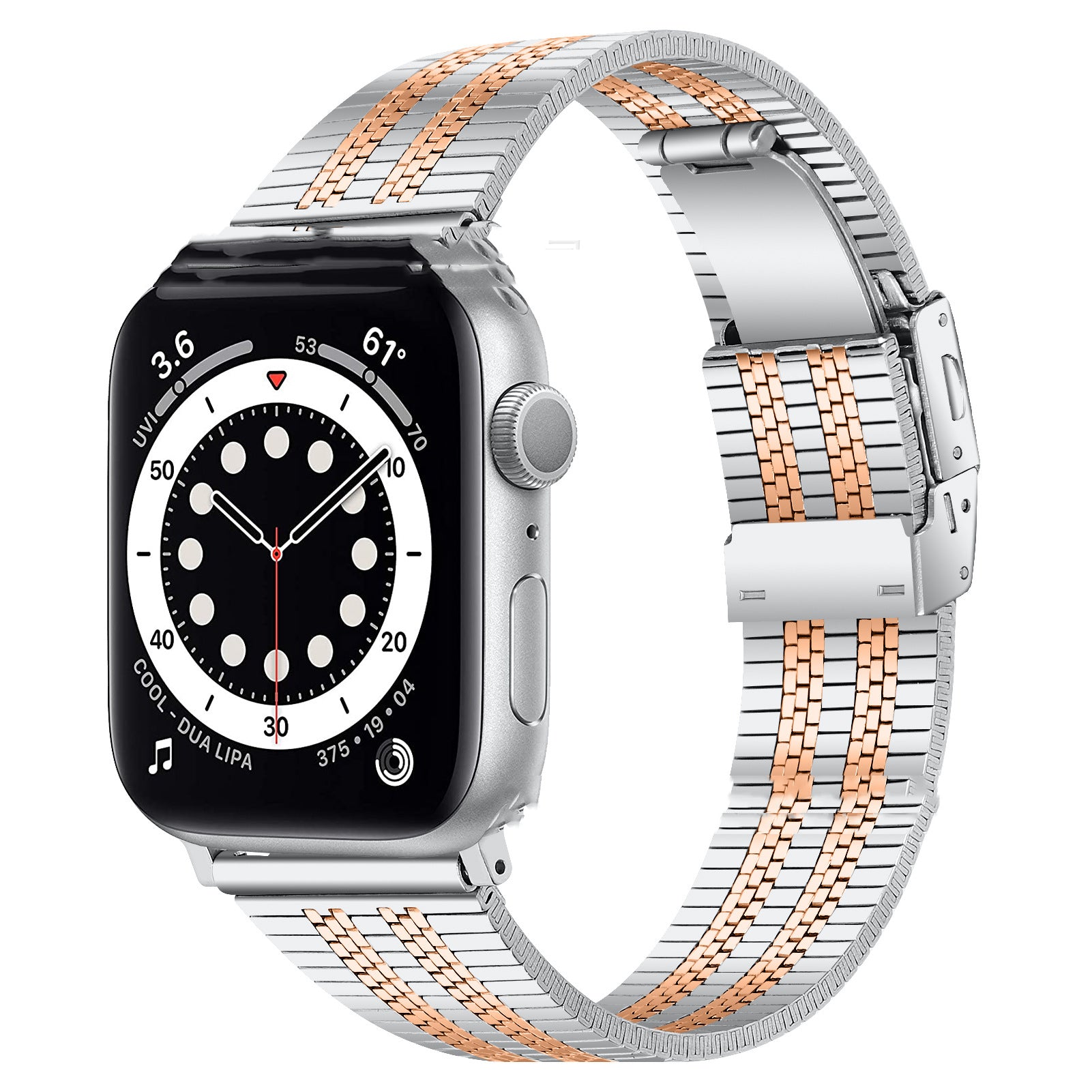 High-grade stainless steel five-bead back buckle watch belt for Apple Watch, showcasing its elegant design and durable material.