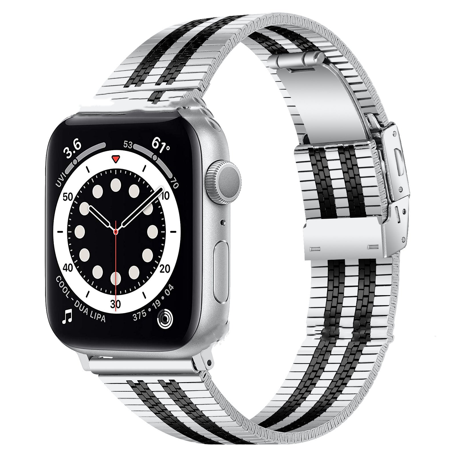 High-grade stainless steel five-bead back buckle watch belt for Apple Watch, showcasing its elegant design and durable material.