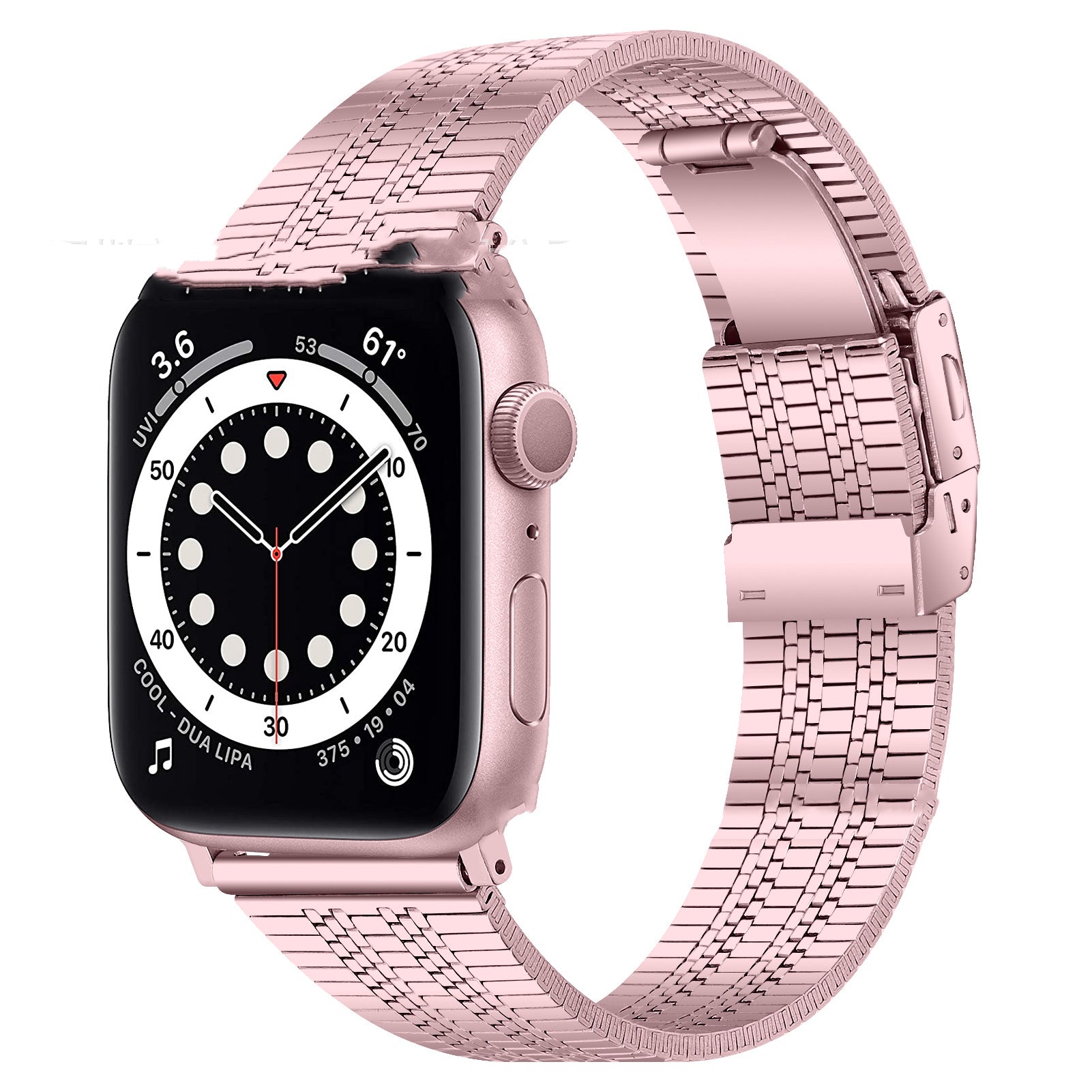 High-grade stainless steel five-bead back buckle watch belt for Apple Watch, showcasing its elegant design and durable material.