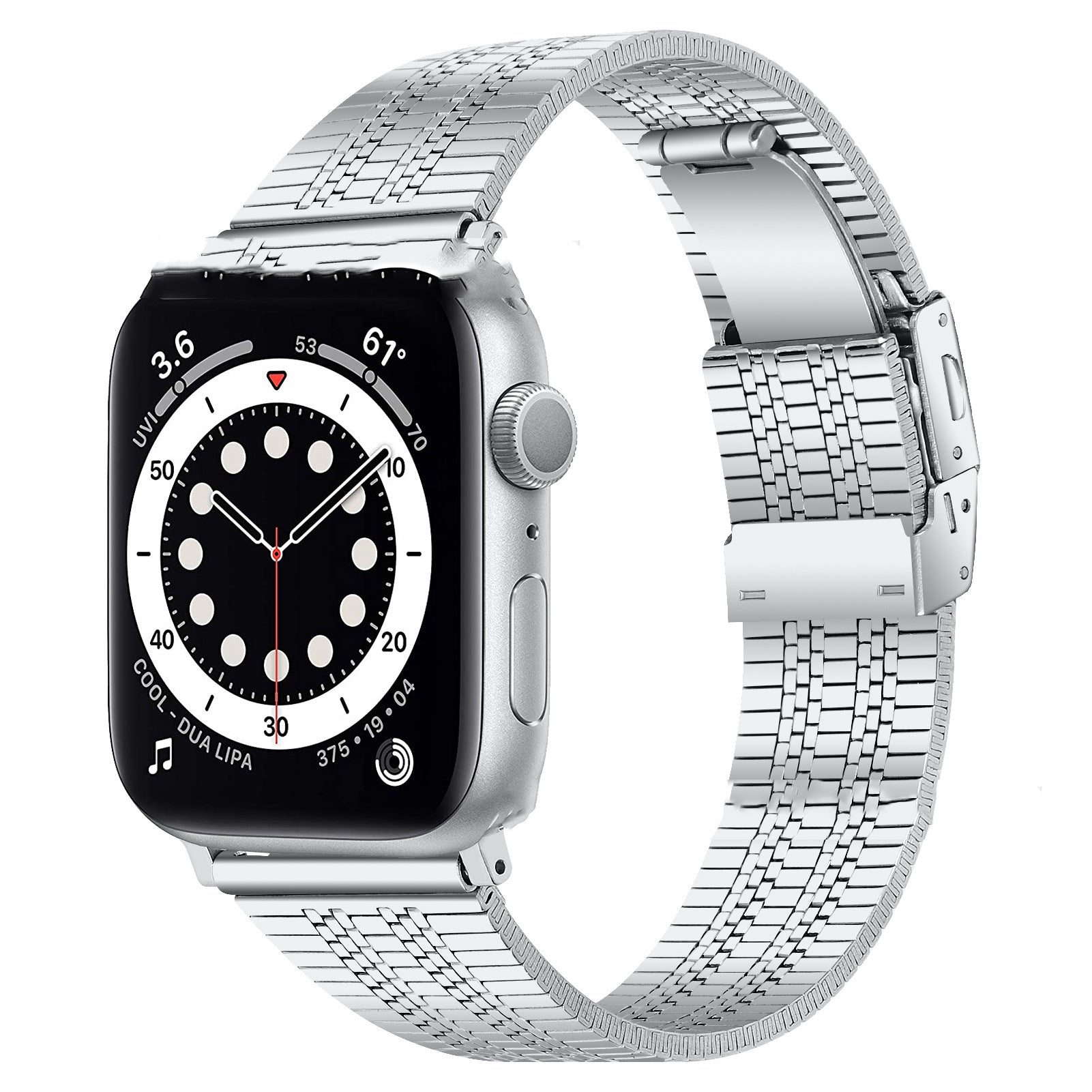 High-grade stainless steel five-bead back buckle watch belt for Apple Watch, showcasing its elegant design and durable material.