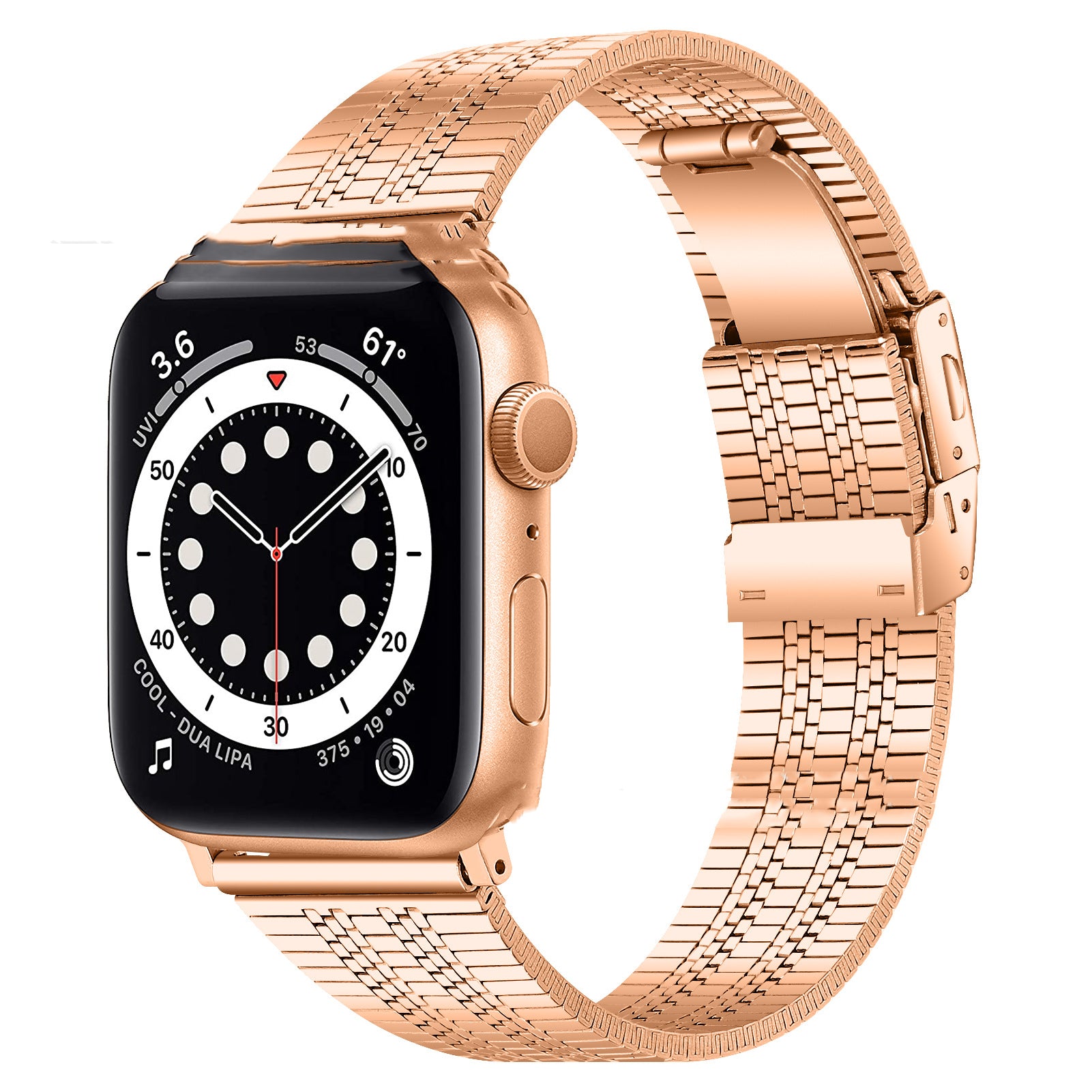 High-grade stainless steel five-bead back buckle watch belt for Apple Watch, showcasing its elegant design and durable material.