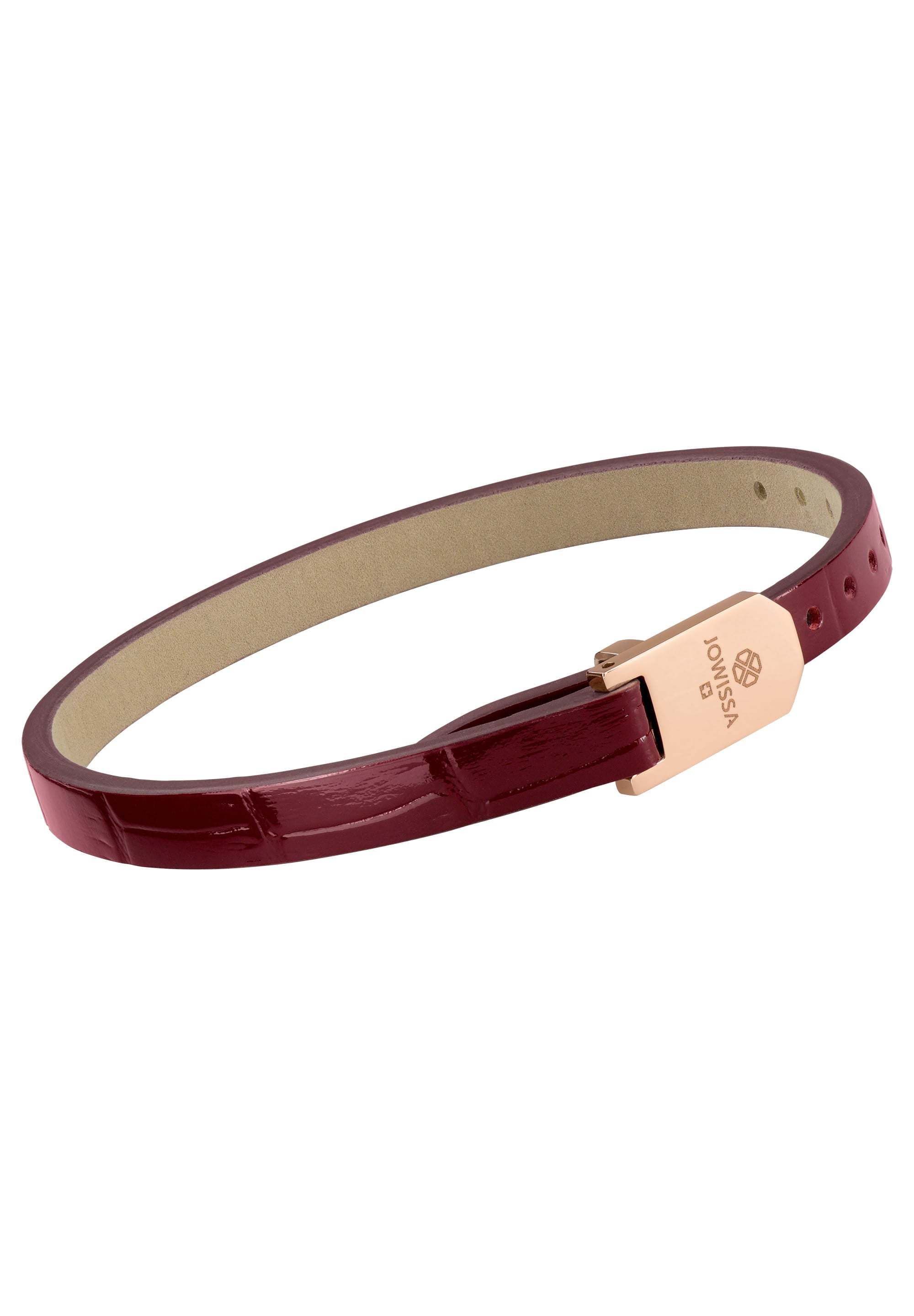 Glossy Croco Leather Strap in rose and bordeaux colors with stainless steel buckle, showcasing alligator-embossed texture.