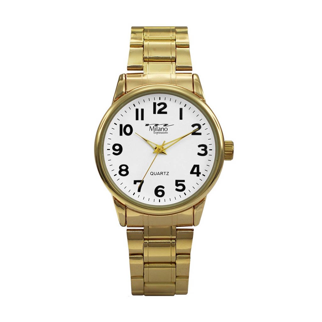 Gloversville Gold Metal Band Watch featuring a white dial and alloy case, showcasing elegance and style.