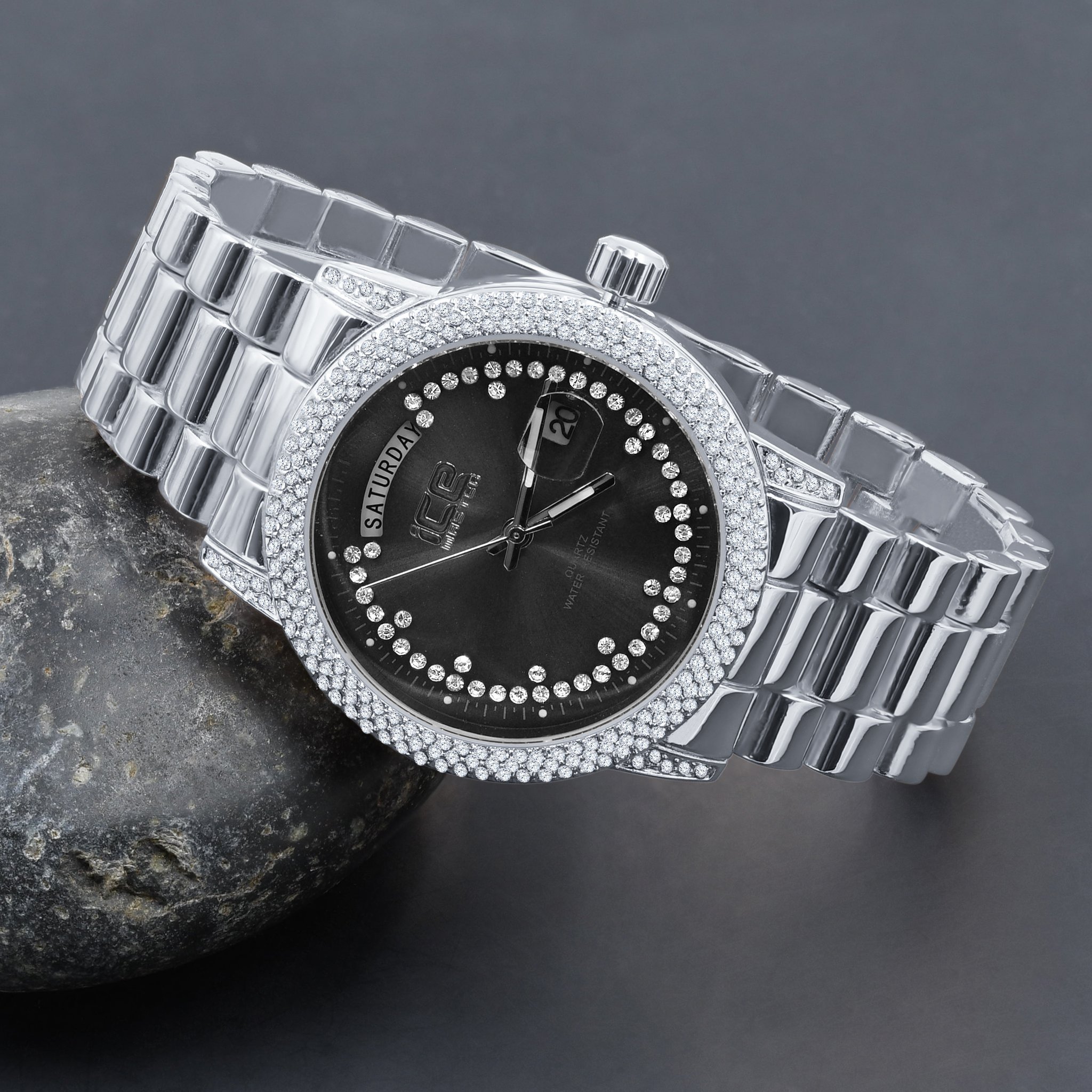 Grandeur Bling Metal Watch featuring a polished chain and CZ stone dial, showcasing elegance and luxury.