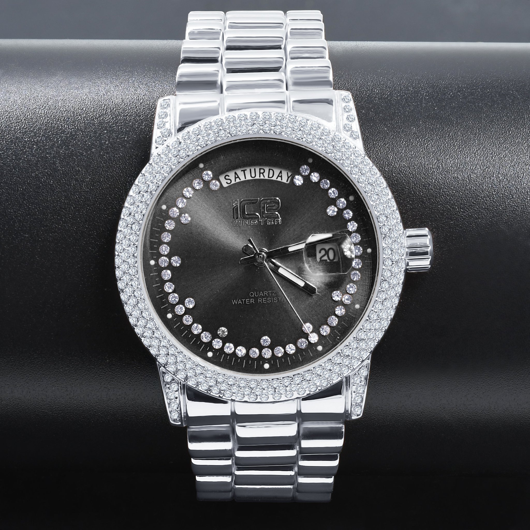 Grandeur Bling Metal Watch featuring a polished chain and CZ stone dial, showcasing elegance and luxury.