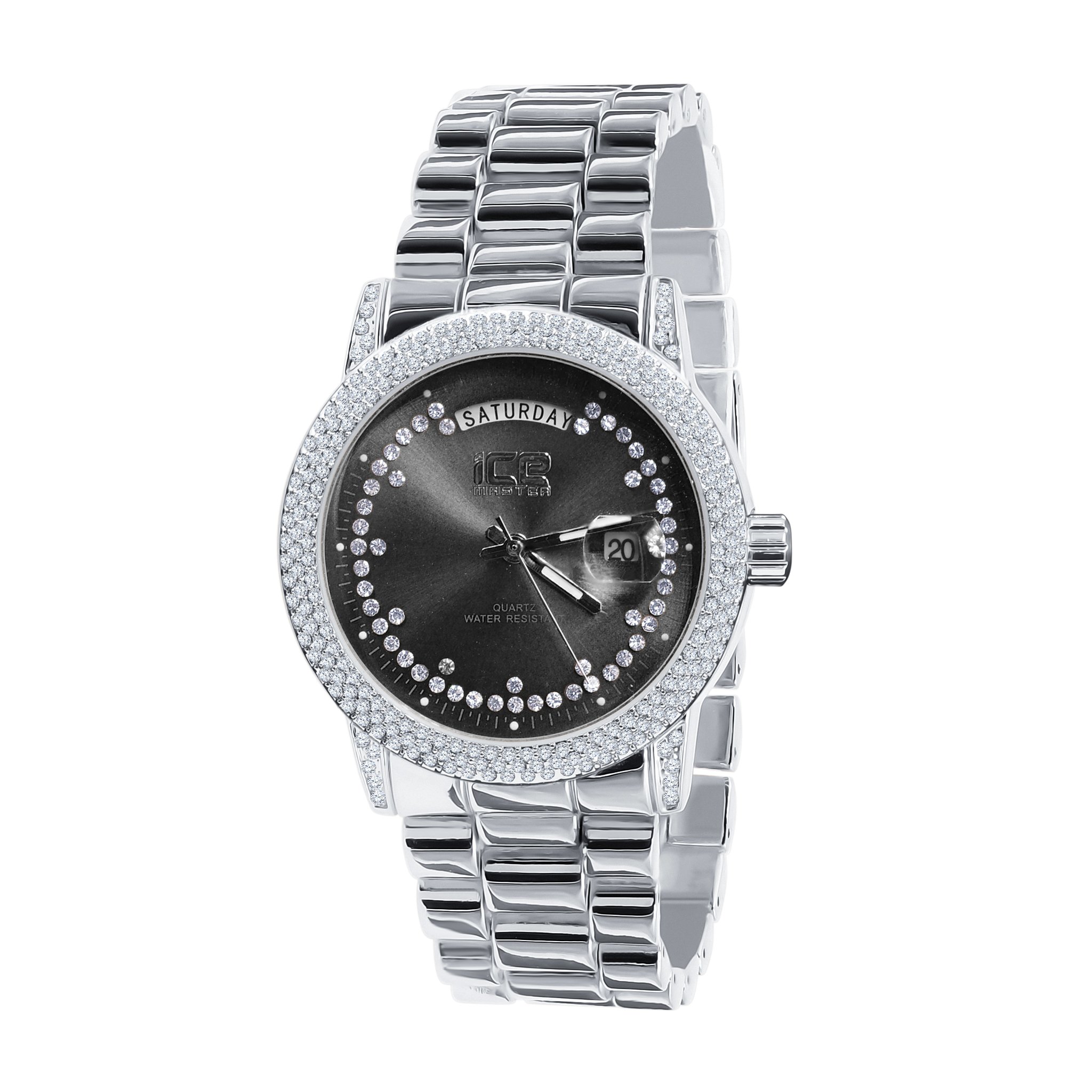 Grandeur Bling Metal Watch featuring a polished chain and CZ stone dial, showcasing elegance and luxury.