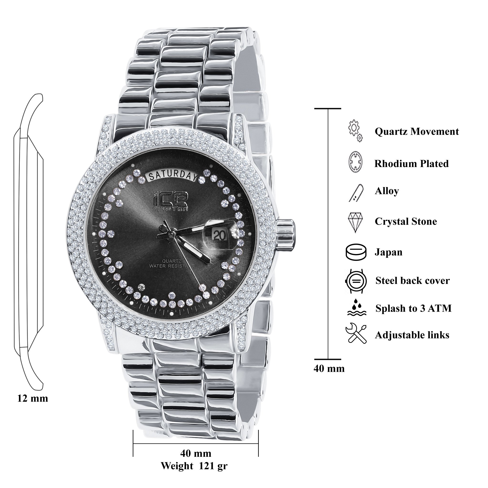 Grandeur Bling Metal Watch featuring a polished chain and CZ stone dial, showcasing elegance and luxury.