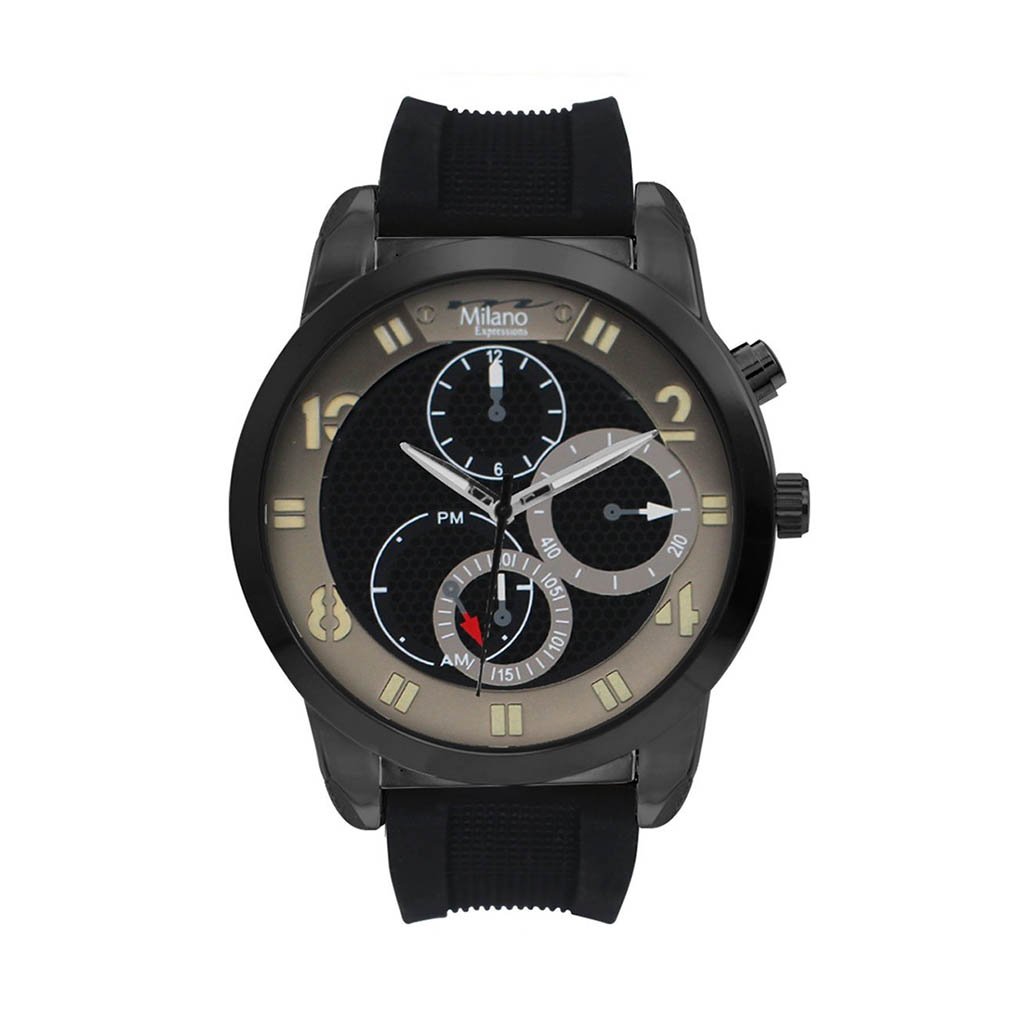 M Milano Expressions Greenfield watch featuring a black rubber strap, black alloy case, and black dial, perfect for stylish everyday wear.