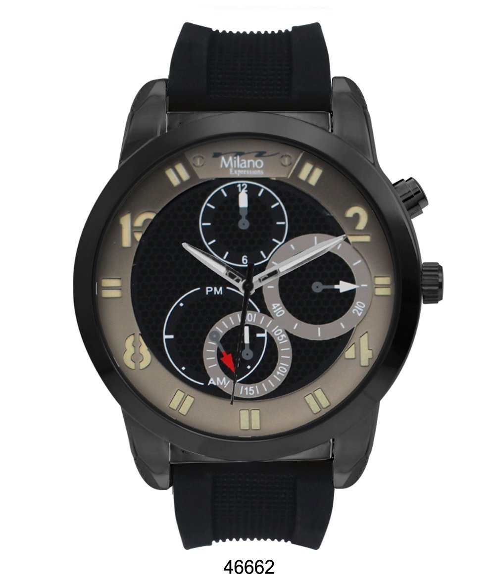 M Milano Expressions Greenfield watch featuring a black rubber strap, black alloy case, and black dial, perfect for stylish everyday wear.