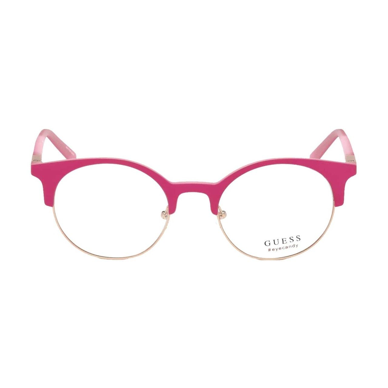 Guess GU-3025-073 Matte Pink Round Unisex Acetate Eyeglasses displayed elegantly, showcasing their stylish design and color.