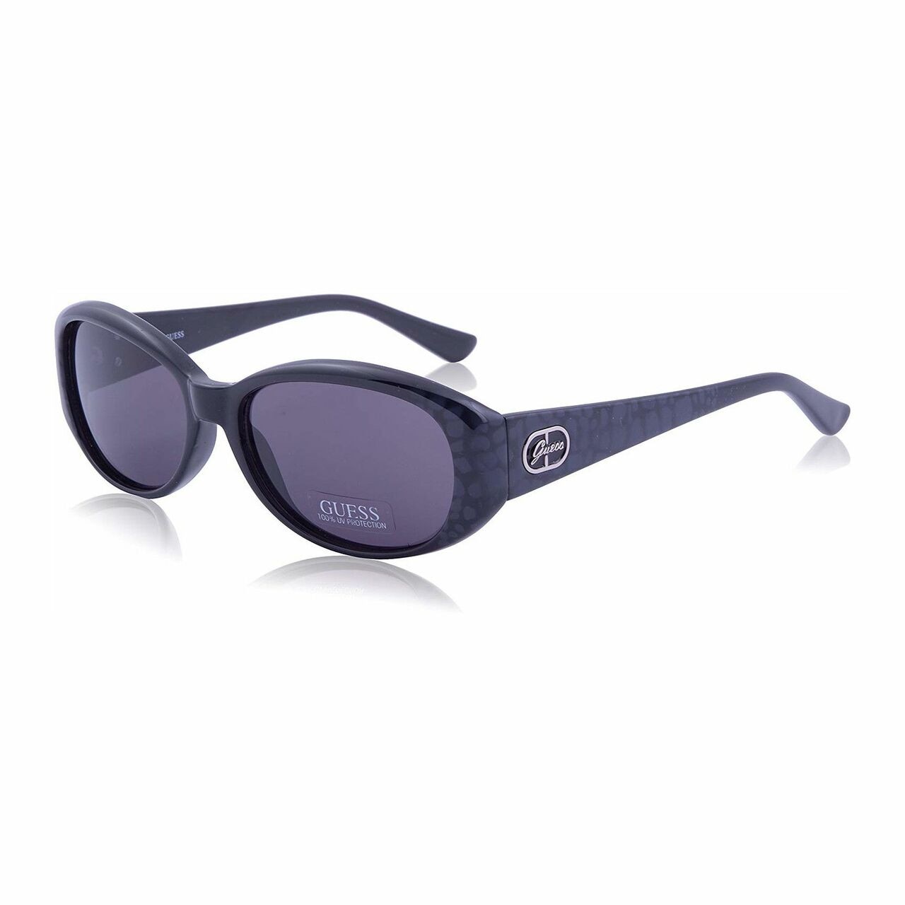 Guess GU7220-BLK-3 Black Oval Grey Lens Women's Plastic Sunglasses with a sleek black frame and stylish grey lenses.