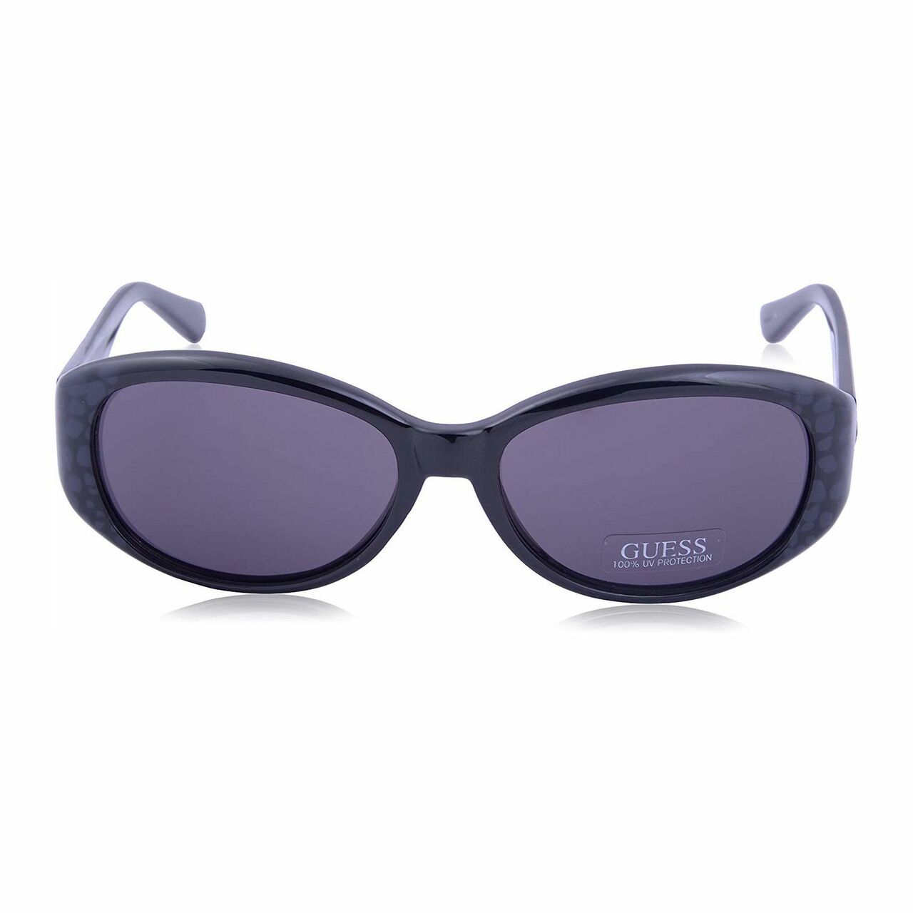 Guess GU7220-BLK-3 Black Oval Grey Lens Women's Plastic Sunglasses with a sleek black frame and stylish grey lenses.