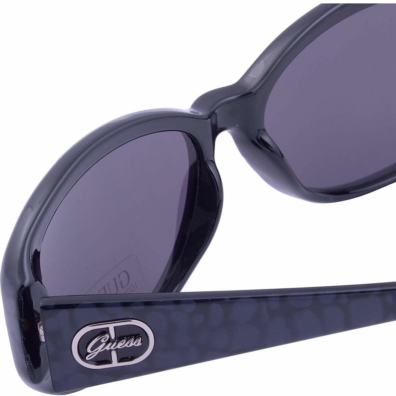 Guess GU7220-BLK-3 Black Oval Grey Lens Women's Plastic Sunglasses with a sleek black frame and stylish grey lenses.