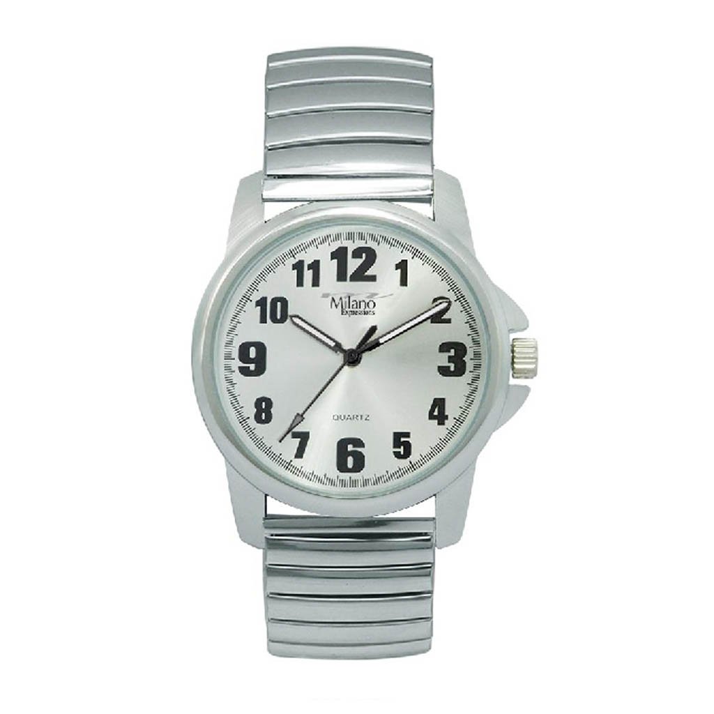 Hagerstown M Milano Expressions Silver Flex Band Watch with white dial and stainless steel band, showcasing its elegant design.