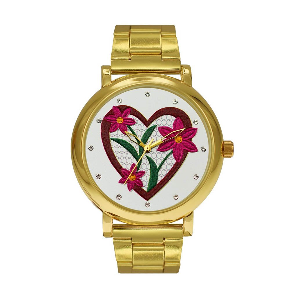 M Milano Expressions Hallandale Beach gold metal band watch featuring a heart and flower dial design.