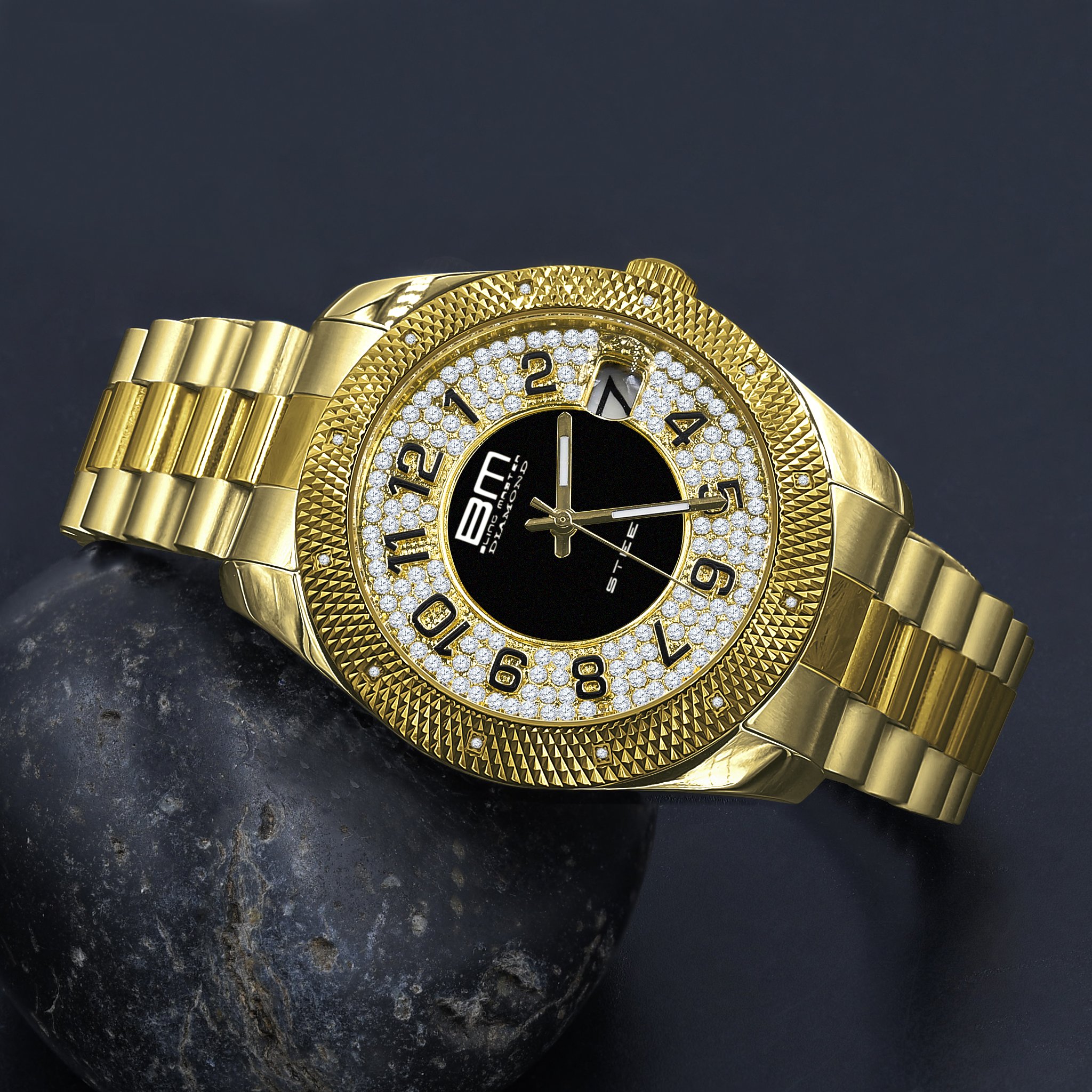 HAWKER 12 Diamond Stainless Steel Watch showcasing its luxurious design with gold and black accents, featuring 12 diamonds and adjustable links.