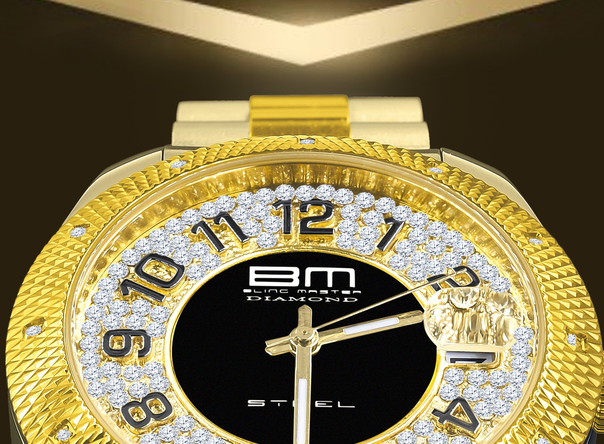 HAWKER 12 Diamond Stainless Steel Watch showcasing its luxurious design with gold and black accents, featuring 12 diamonds and adjustable links.