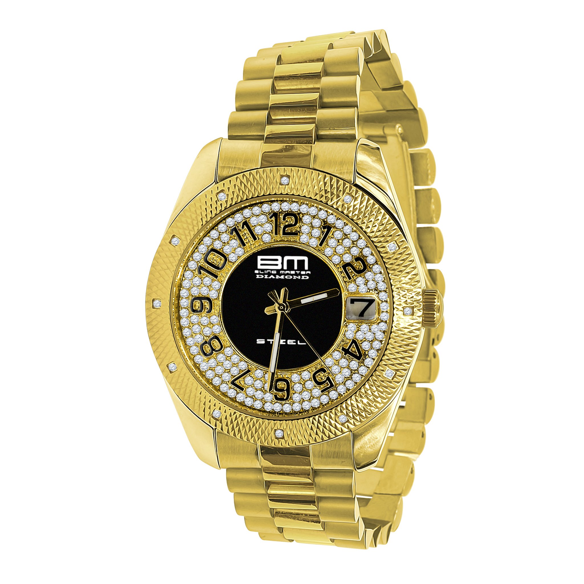 HAWKER 12 Diamond Stainless Steel Watch showcasing its luxurious design with gold and black accents, featuring 12 diamonds and adjustable links.