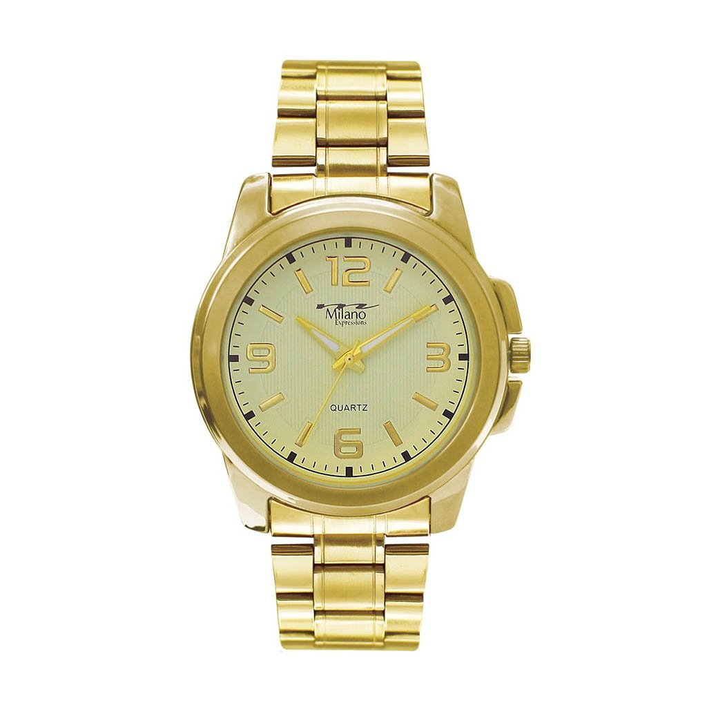 Hempstead M Milano Expressions Gold Metal Band Watch with white dial and gold case, showcasing elegance and style.