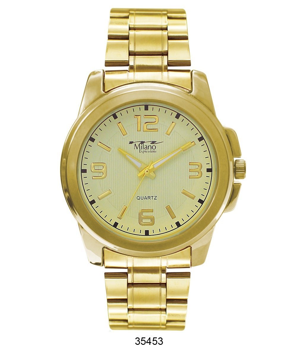 Hempstead M Milano Expressions Gold Metal Band Watch with white dial and gold case, showcasing elegance and style.