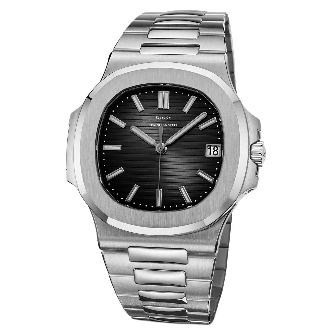 High Quality Fashion All Steel Quartz Watch for Men featuring a square dial, stainless steel case, and sapphire crystal glass.