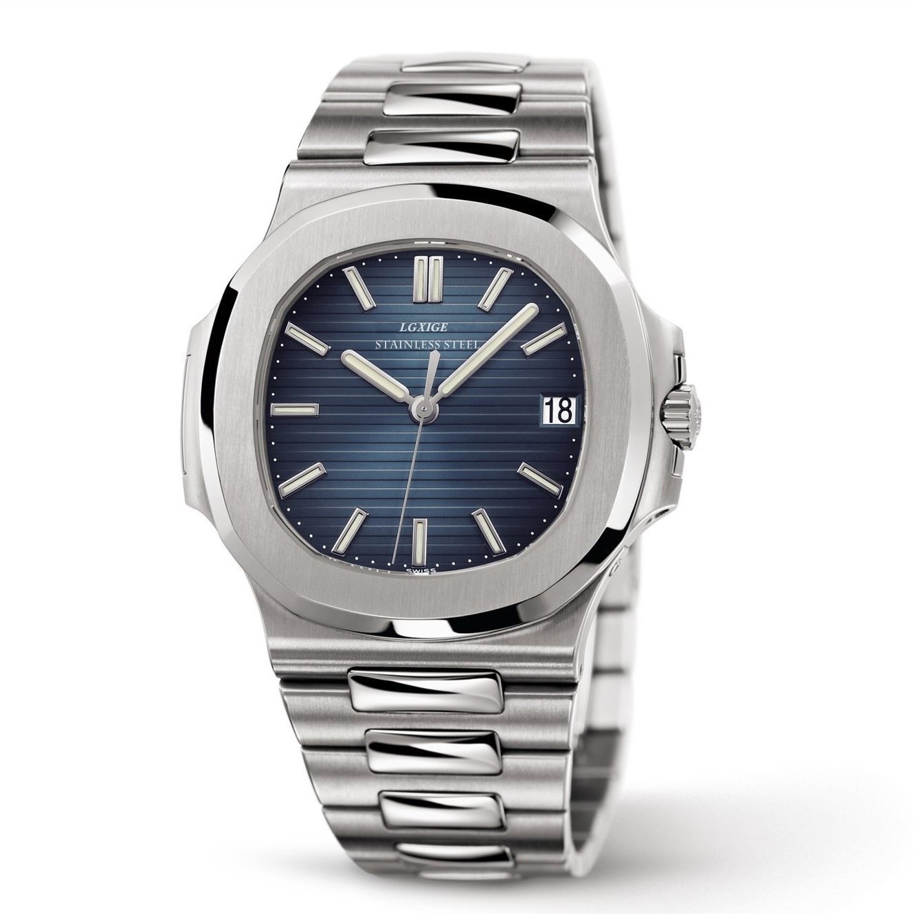 High Quality Fashion All Steel Quartz Watch for Men featuring a square dial, stainless steel case, and sapphire crystal glass.