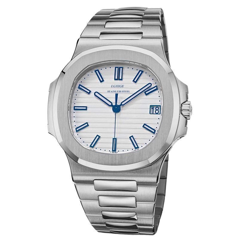 High Quality Fashion All Steel Quartz Watch for Men featuring a square dial, stainless steel case, and sapphire crystal glass.