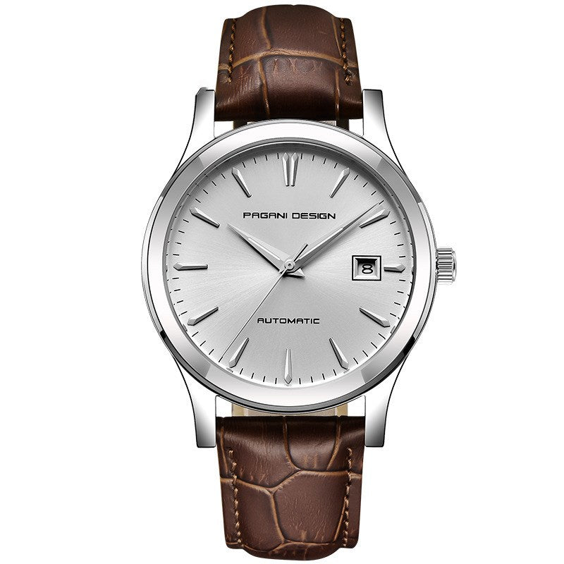 High Quality Fashionable Leather Strap Men's Watch featuring a stylish leather strap, mechanical movement, and elegant butterfly clasp.