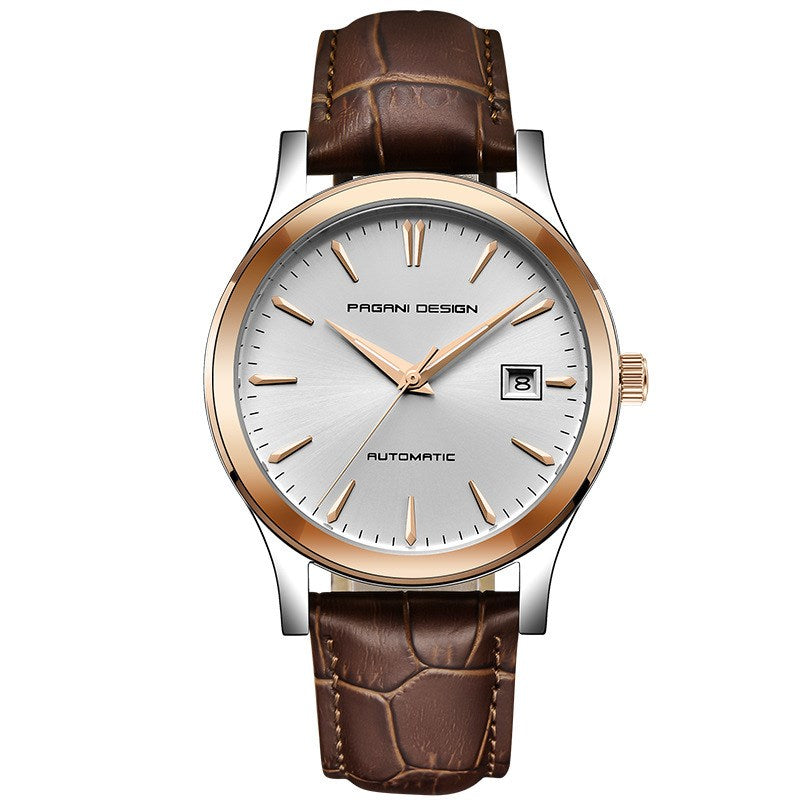 High Quality Fashionable Leather Strap Men's Watch featuring a stylish leather strap, mechanical movement, and elegant butterfly clasp.