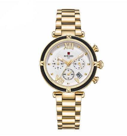 High Quality Quartz Watch for Fashion Ladies featuring a round dial, stainless steel strap, and elegant design.