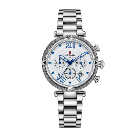 High Quality Quartz Watch for Fashion Ladies featuring a round dial, stainless steel strap, and elegant design.