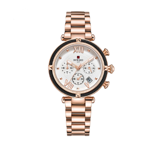 High Quality Quartz Watch for Fashion Ladies featuring a round dial, stainless steel strap, and elegant design.