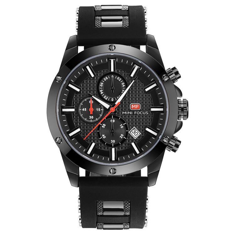 High Quality Quartz Watch for Men featuring a silicone band, luminous hands, and a mineral tempered glass mirror.