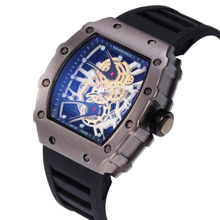 High Quality Silicone Band Quartz Watch for Men featuring a rectangular dial, silicone strap, and alloy case.