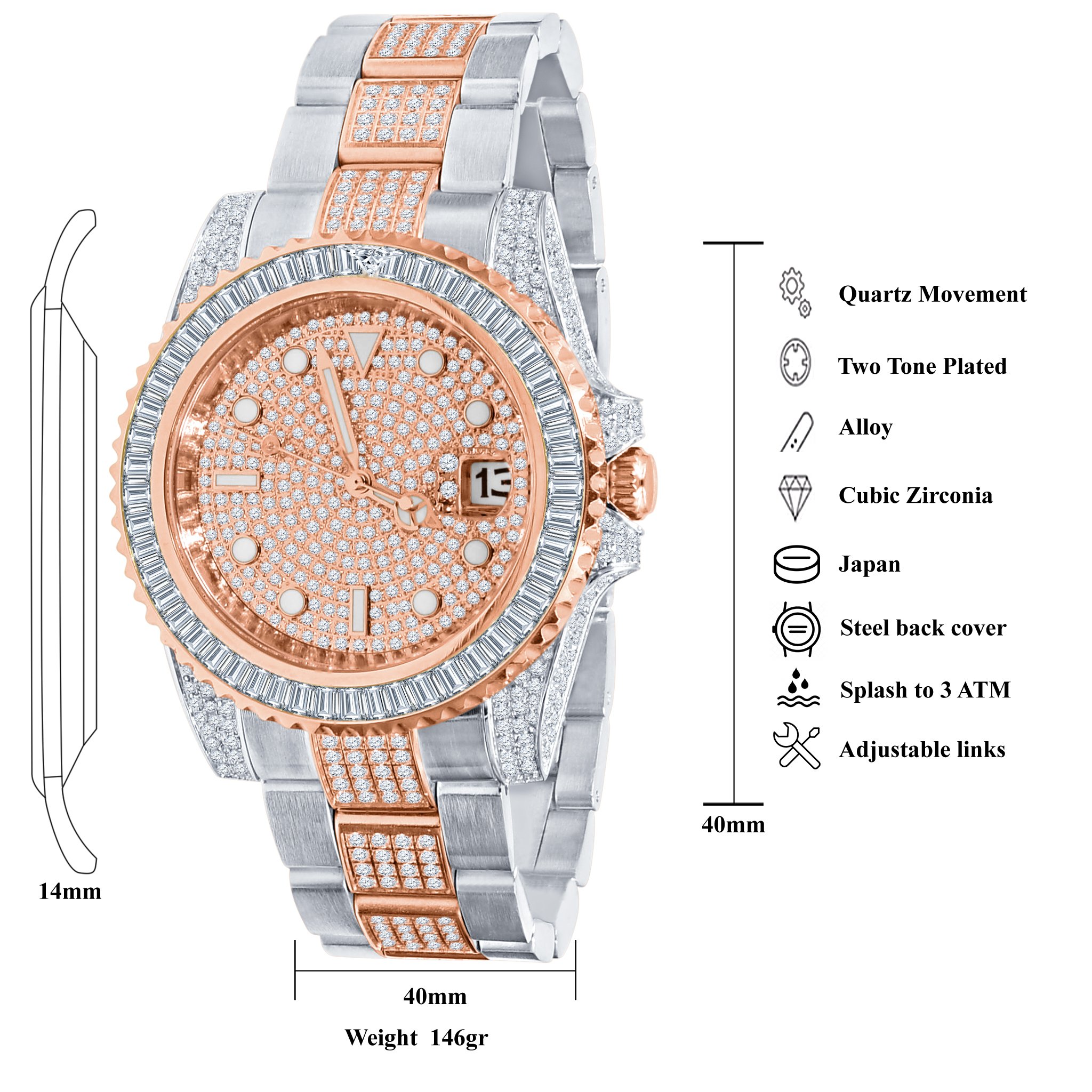 HURRICANE Stainless Steel Watch featuring a hazel zircon stoned dial, silver and rose gold strap, and luxurious cubic zirconia embellishments.