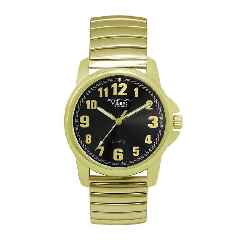 Hyattsville Gold Flex Band Watch featuring a sleek black dial and stainless steel band, showcasing elegance and style.