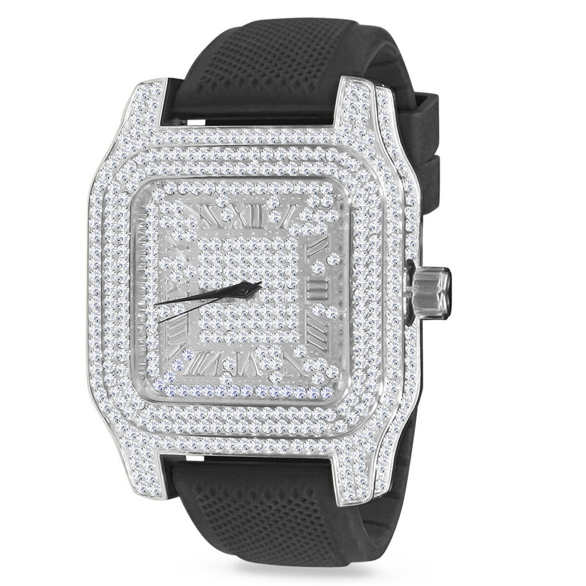 IceMaster Full Ice Silicone Rhodium Watch featuring a full ice design with Czech crystals, solid alloy case, and a soft rubber strap.